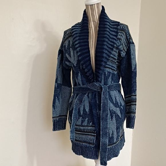 Lucky Brand Sweaters - Lucky Brand Blue Heavy Knit Nordic Belted Cardigan Sweater Jacket Size M NWT